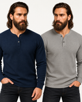 Pack of 2 BLUE & GREY Waffle Knit Full Sleeves Henley T-Shirts