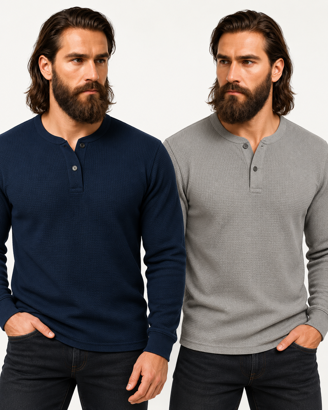 Pack of 2 BLUE & GREY Waffle Knit Full Sleeves Henley T-Shirts