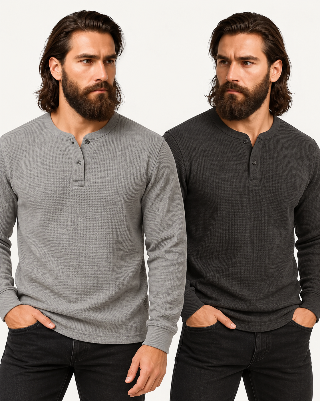 Pack of 2 GREY & CHARCOAL Waffle Knit Full Sleeves Henley T-Shirts