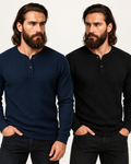 Pack of 2 BLUE & BLACK Waffle Knit Full Sleeves Henley T-Shirts