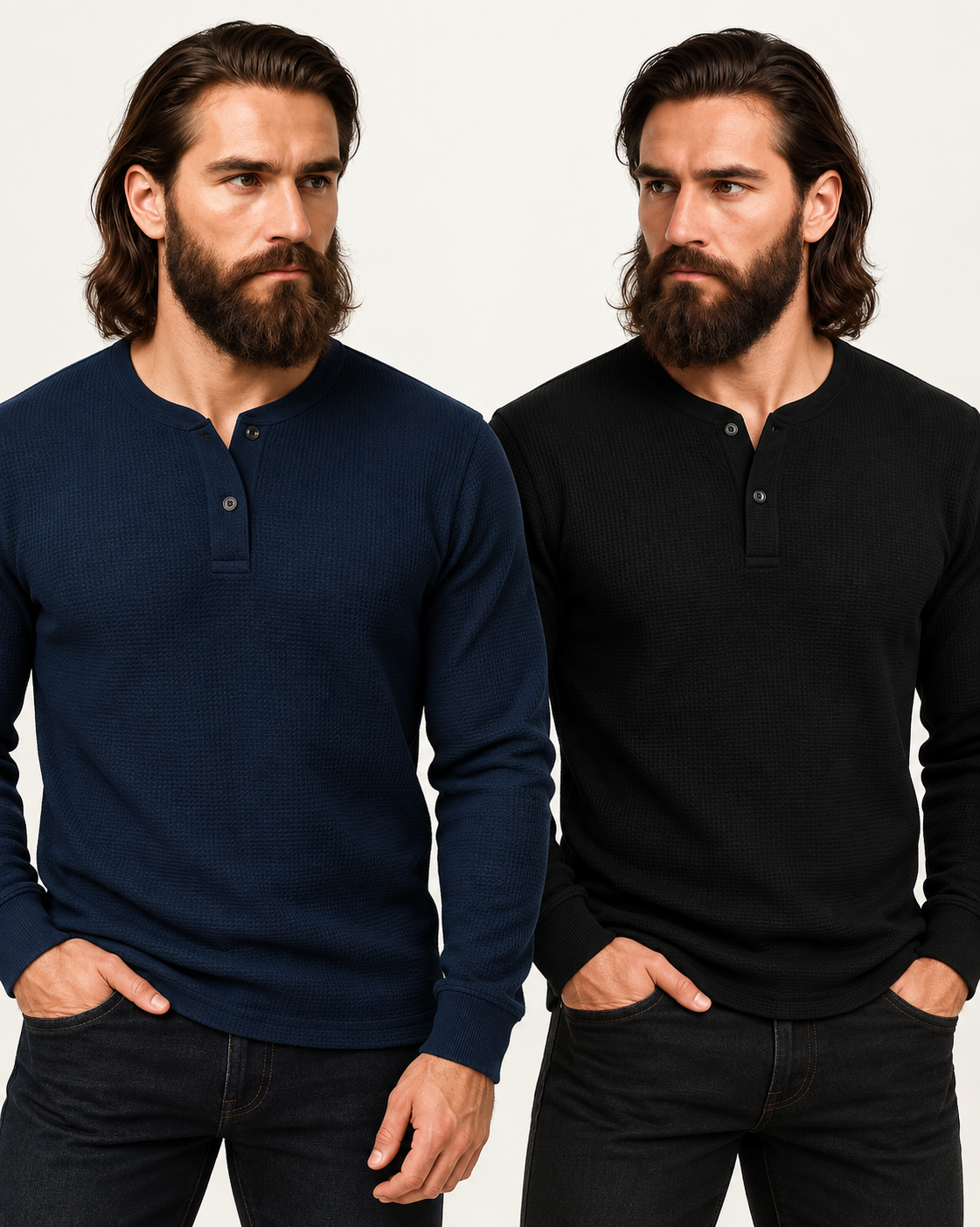 Pack of 2 BLUE & BLACK Waffle Knit Full Sleeves Henley T-Shirts