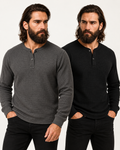 Pack of 2 CHARCOAL & BLACK Waffle Knit Full Sleeves Henley T-Shirts