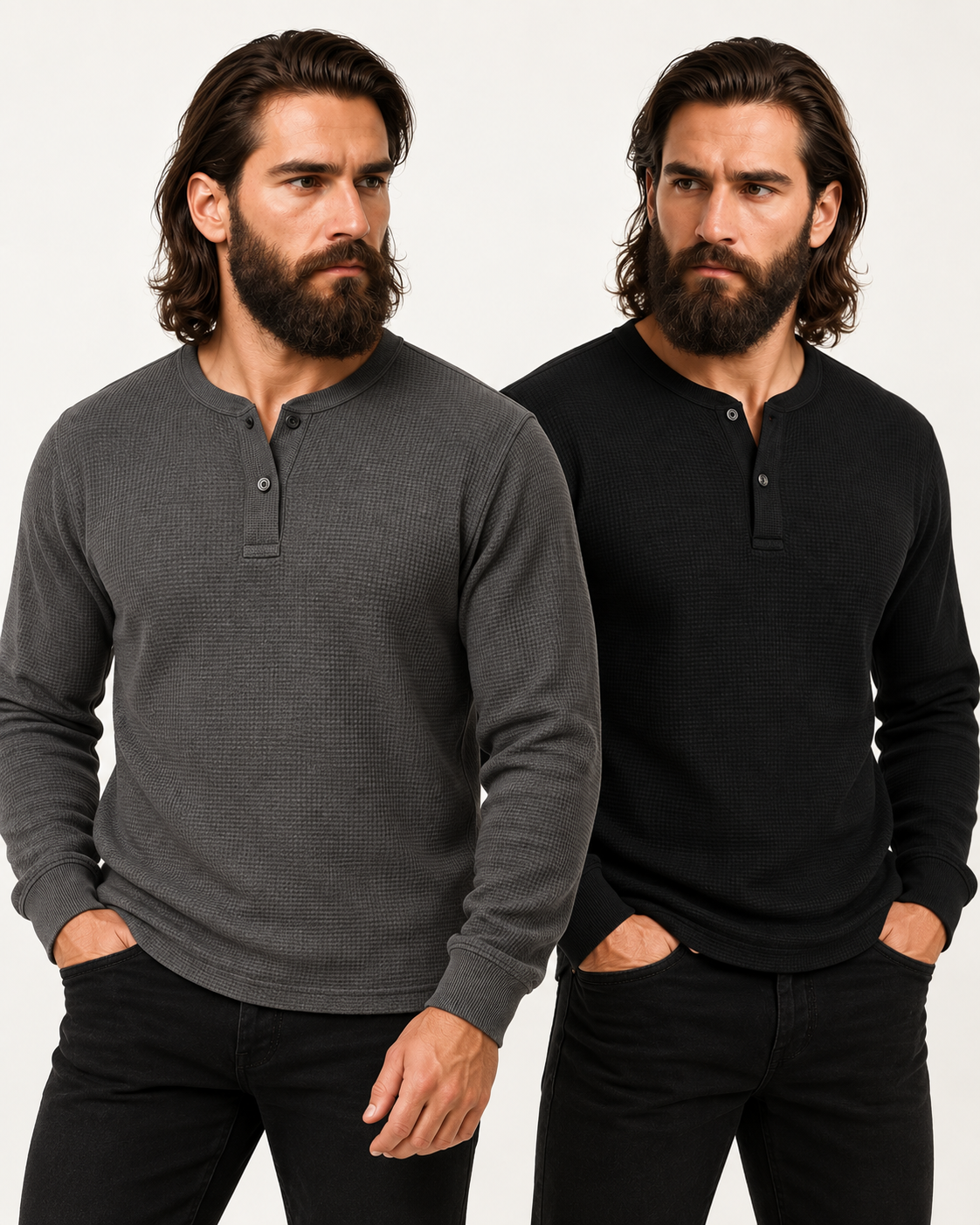 Pack of 2 CHARCOAL & BLACK Waffle Knit Full Sleeves Henley T-Shirts